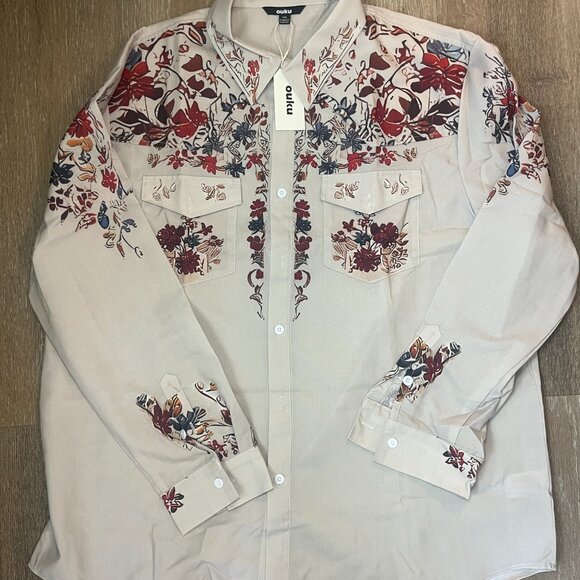 Ouku Other - Men's Ouku Beige Floral Casual Button Down Shirt M